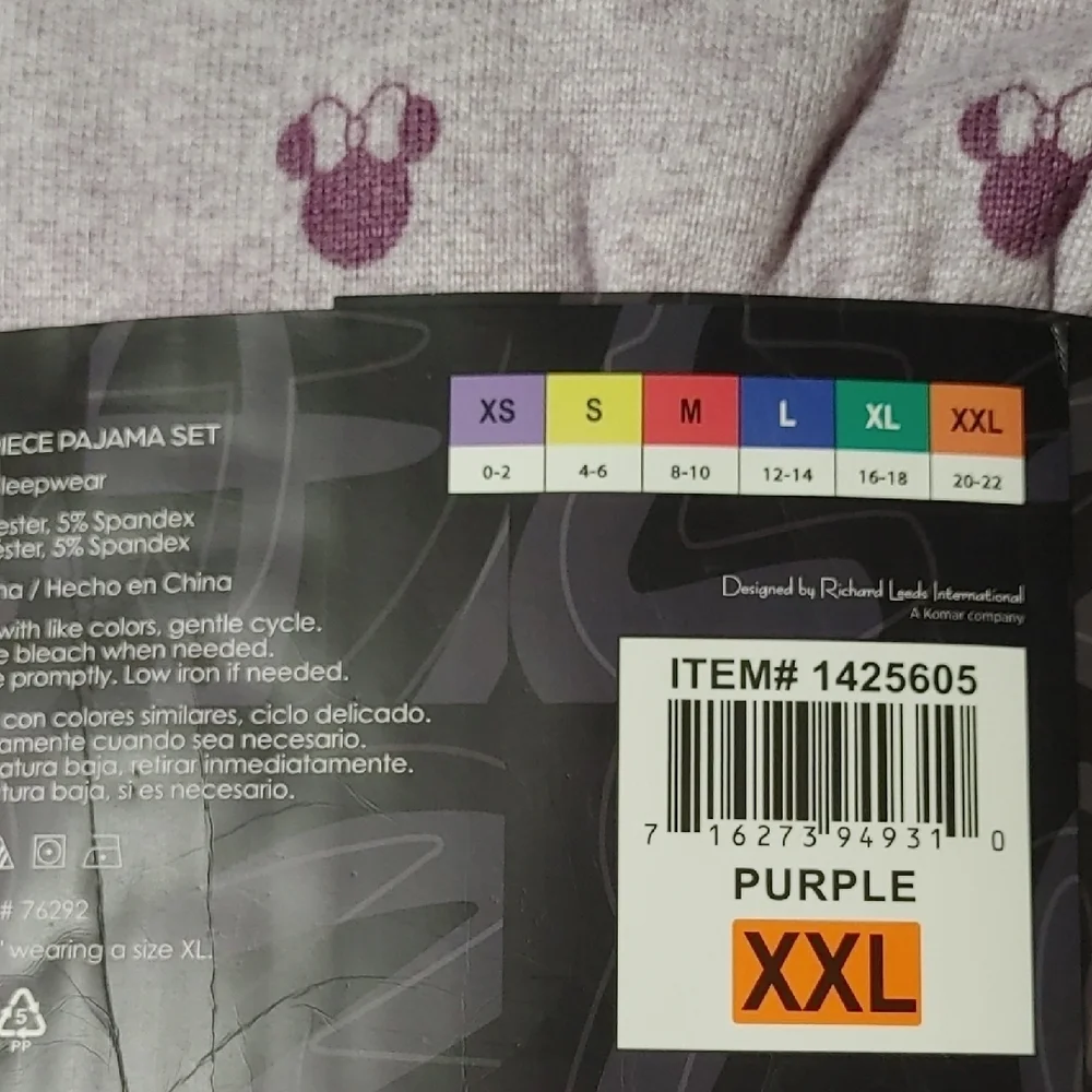 NWT Disney Ladies' 2 Piece Pajama Set Minnie‎ Mouse Purple XXL - Picture 6 of 6